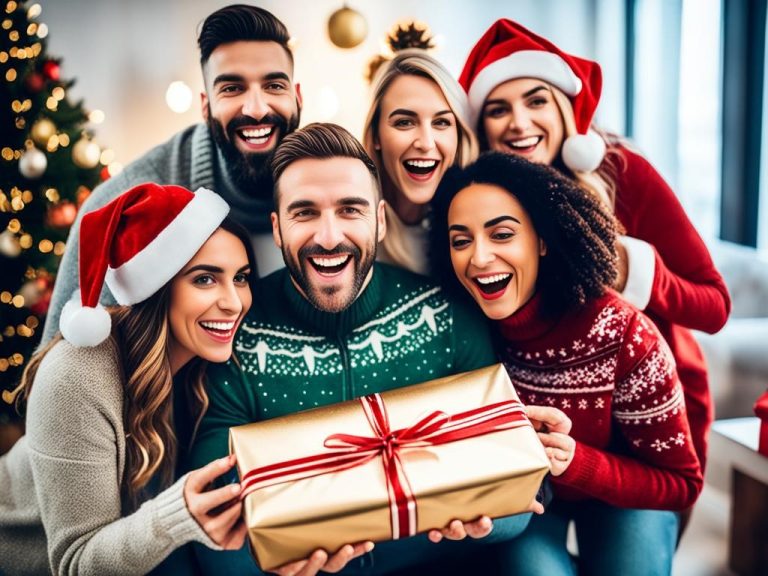 A diverse group of people with different personalities each holding a perfectly wrapped Christmas gift, surrounded by festive decorations and twinkling lights.