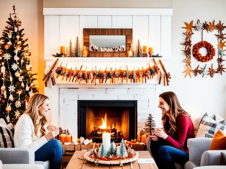 A cozy living room with a fireplace decorated with handmade garlands and ornaments made of twine, cinnamon sticks, and dried orange slices. The mantel is adorned with miniature DIY wreaths and a string of homemade paper snowflakes hangs above. A group of friends or family members are gathered around the fireplace, smiling and admiring their festive creations.