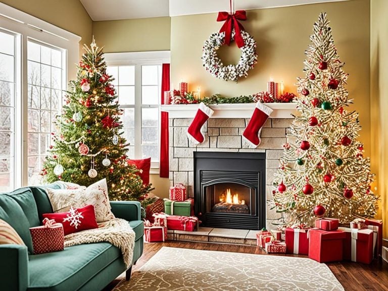 a cozy home decorated for the holidays with DIY Christmas decorations. The focus is on budget-friendly elements, such as paper snowflakes hanging from the ceiling, handmade ornaments on the tree, and a garland made from recycled materials. The color scheme is warm and inviting, with lots of red, green, and gold accents