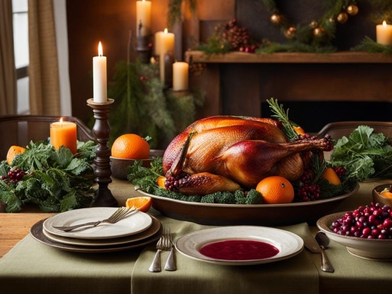 "Shows a festive table setting surrounded by fresh winter produce, such as vibrant pomegranates, bright oranges, and deep green kale. In the center, a beautifully roasted turkey takes pride of place, with roasted root vegetables and fragrant herbs nestled around it. Steam rises from a pot of bubbling gravy, and a bowl of homemade cranberry sauce adds a pop of color. Captures the warmth and abundance of the season in this cozy and inviting image."