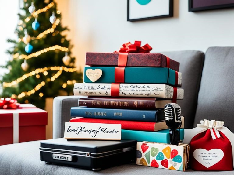 A stack of beautifully wrapped presents next to a stage with a microphone and guitar. One gift is a set of fancy guitar picks, another is a personalized leather-bound songbook, and the third is a record player with classic vinyls. On the other side, a caregiver is cuddled up on the couch with their patient. A gift basket is filled with cozy blankets and socks, calming essential oils, and a puzzle book to keep them entertained. In the background, a photo album showcasing memories they've shared together.