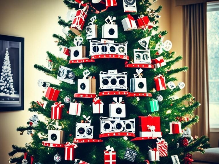 an image of a Christmas tree with movie reels as its branches, each reel showcasing a different iconic scene from a classic Christmas movie. The base of the tree is surrounded by wrapped presents and ornaments, adding to the festive ambiance of the countdown.