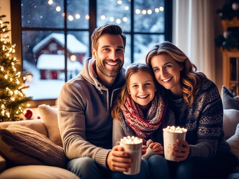 a cozy living room decorated with Christmas lights, where a family is watching a heartwarming Christmas movie on TV. The room is filled with warmth and joy as the family members snuggle together on the couch, holding cups of hot cocoa and smiling at the screen. Outside the window, snowflakes softly fall, adding to the magical atmosphere of the scene.