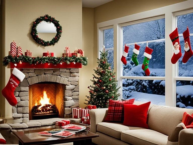 an image of a festive living room with a mantelpiece adorned with Christmas stockings. In the foreground, shows a stack of DVDs featuring some of the best, yet often overlooked, Christmas movies such as "The Family Stone," "Love Actually," and "The Ref." subtle hints of snow falling outside the window and a cozy fireplace warming up the room.