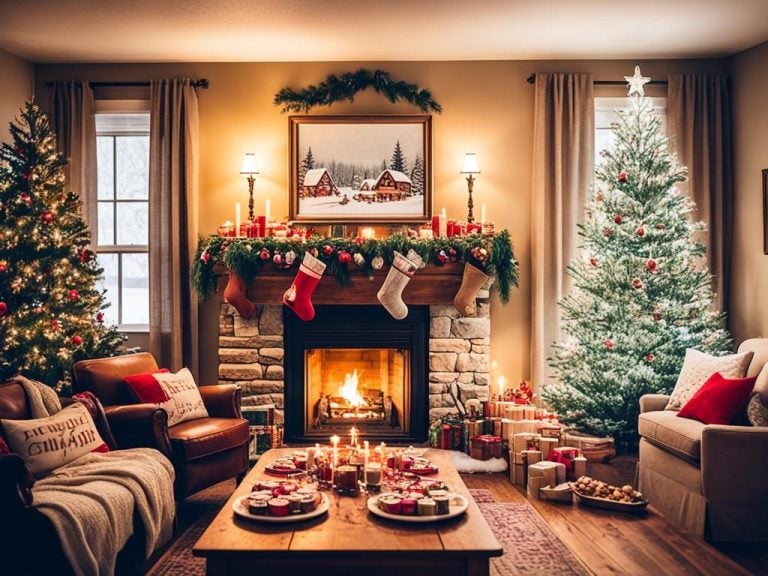 A cozy living room filled with festive decor and a family gathered around a lit fireplace. In the corner, a tree adorned with homemade ornaments and candles. On the table, a spread of traditional Christmas treats and hot cider. Outside, snow falling gently on a quaint village with horse-drawn carriages and carolers.