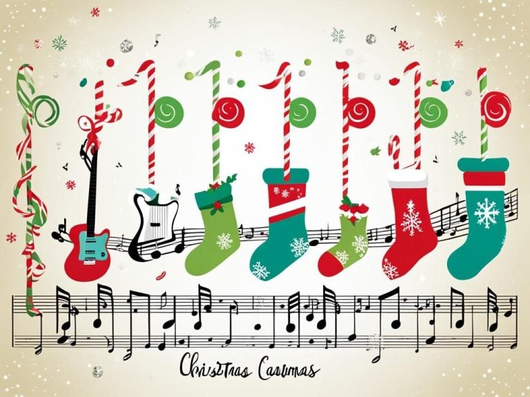 an image of a musical timeline, with Christmas carols on one end and modern pop hits on the other. Uses colorful and festive elements to depict the evolution of culture and society through music. Incorporates iconic holiday symbols, such as stockings, mistletoe, and candy canes, in a playful and creative way to reflect the joyful spirit of the season.