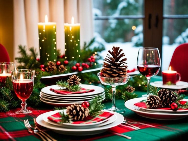 A festive table setting with a centerpiece of holly and pinecones, surrounded by plates, cutlery, and glasses. The table is adorned with a red and green plaid tablecloth and illuminated by twinkling string lights. In the background, guests mingle while sipping on warm apple cider and enjoying homemade Christmas cookies.