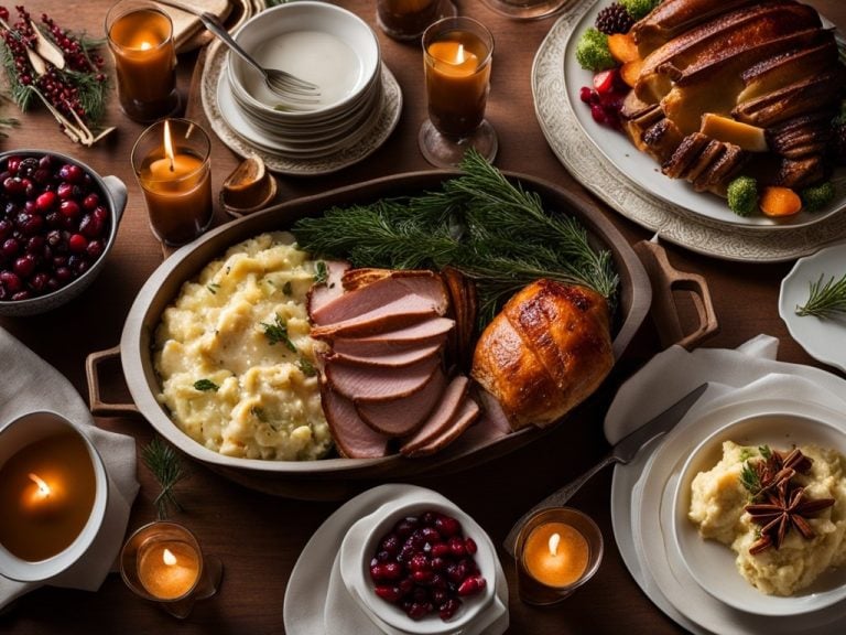 A festive table decorated with greenery and candles, with plates of food arranged elegantly on the table. The dishes include roasted turkey, honey glazed ham, mashed potatoes, roasted vegetables, and cranberry sauce. In the center of the table, there is a large bowl of homemade eggnog with cinnamon sticks and nutmeg sprinkled on top.