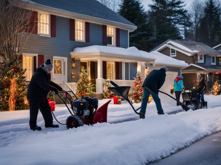 A group of neighbors shoveling snow from an elderly neighbor's driveway; one person is pushing a snow blower while the others use shovels to clear the path. In the background, other houses are decorated beautifully with Christmas lights and decorations.