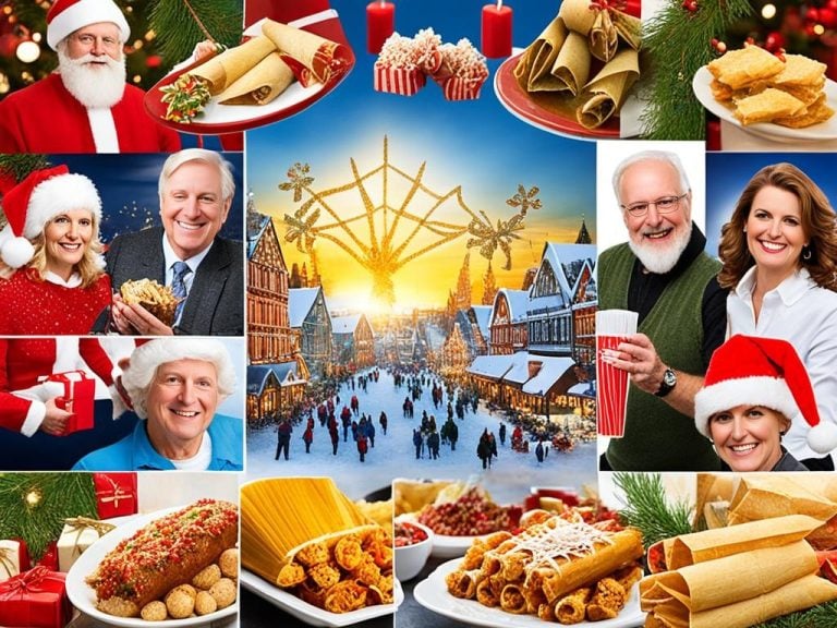 an image showcasing the different ways people around the world celebrate Christmas, from decorating palm trees in warm climates to attending midnight mass in candlelit cathedrals. Shows the variety of traditional foods, such as tamales in Mexico and lutefisk in Norway. Include cultural symbols like the Japanese KFC dinner and the Ukrainian spider web ornaments. Shows how people exchange gifts in different ways, such as leaving shoes instead of stockings for St. Nicholas to fill. Highlights the different ways people come together to celebrate, such as joining a parade in Brazil or lighting candles with loved ones in Ethiopia.