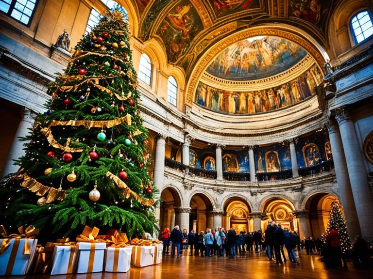 an image of a Christmas tree decorated with elements inspired by Saturnalia, such as greenery and candles. The tree is surrounded by people wearing togas and holding gifts, reminiscent of the gift-giving tradition of Saturnalia. In the background, a temple or other ancient Roman architecture emphasizes the influence of Saturnalia on modern Christmas celebrations.