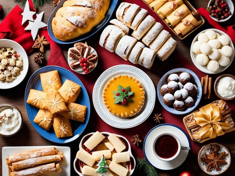 an image of a festive table filled with traditional Christmas foods from around the world. Include a bowl of German stollen, a plate of Italian panettone, a tray of Mexican tamales, a dish of Spanish bacalao, a platter of French bûche de Noël, a bowl of Japanese mochi, and a slice of British Christmas pudding. The table is decorated with festive lights and ornaments in various colors and patterns. The food is arranged in a way that highlights the unique flavors and textures of each dish.