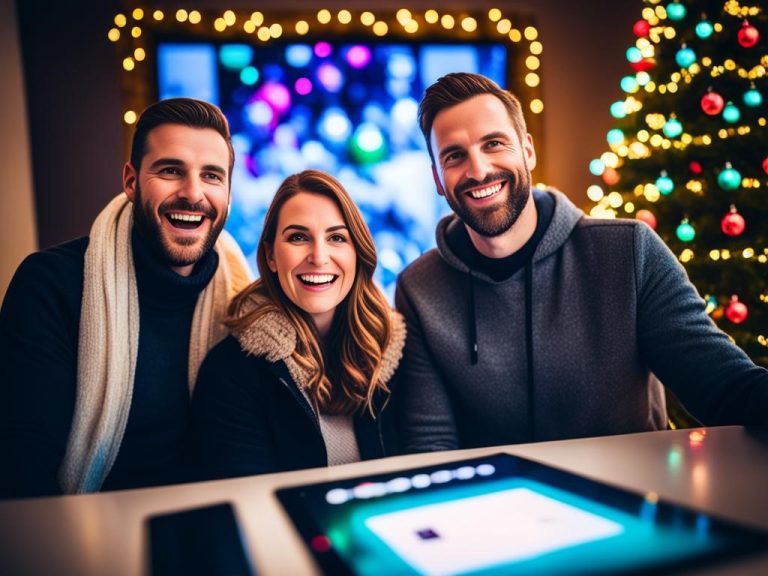 A group of people gathered around a digital fireplace on a large screen, with their eyes glued to their phones and tablets, while a traditional Christmas tree sits in the background with colorful lights and ornaments. The room is dimly lit except for the glow of the screens.