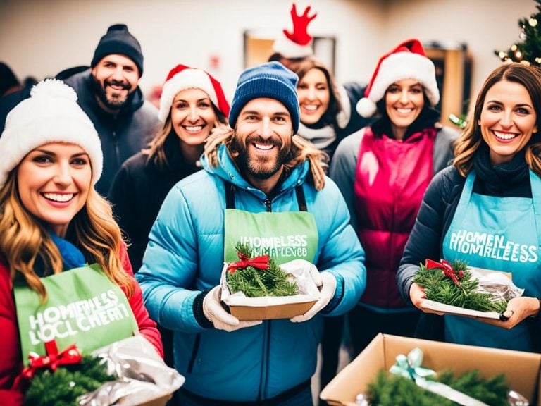 Capture the spirit of giving by showcasing a group of people volunteering at a local homeless shelter on Christmas day. Show them handing out warm meals and blankets to those in need, with bright smiles on their faces. Perhaps include a Christmas tree in the background to set the holiday scene. Use warm colors to convey the feeling of kindness and compassion.