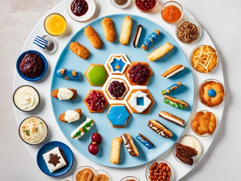 A plate with a variety of Hanukkah foods, including latkes and sufganiyot, arranged in a circular shape to represent the circle of life. The latkes are stacked on top of each other to symbolize the strength and resilience of the Jewish community, while the sufganiyot are placed in the center to represent unity and togetherness during this special holiday. The plate is surrounded by candles to represent the miracle of Hanukkah, and the colors of blue and white are used throughout the image to reflect the colors of the Israeli flag.