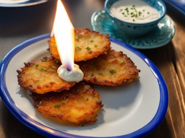 A golden, crispy latke with a dollop of creamy sour cream and a sprinkle of fresh chives sits on a vibrant blue plate. The steam rises up, and the aroma of fried potatoes and onions fills the air. In the background, there's a faint image of a menorah with lit candles, symbolizing the Hanukkah miracle.