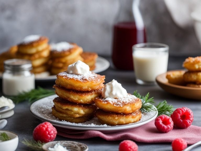 A stack of golden brown latkes topped with dollops of creamy sour cream and garnished with sprigs of fresh dill. Beside it, a plate of fluffy sufganiyot filled with sweet raspberry jam and dusted with powdered sugar. In the background, a small bowl of crumbly feta cheese and a glass of cold milk, honoring the bravery of Judith and her victory.