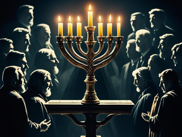 A glowing menorah stands tall amidst a dark and oppressive environment. The flickering flames represent the spirit of resilience and hope in the face of adversity. In the background, shadowy figures representing the oppressors loom menacingly, while in the foreground, a group of determined individuals gather to celebrate their faith and freedom. A sense of triumph and joy pervades the scene, as the menorah serves as a beacon of light and inspiration for generations to come.