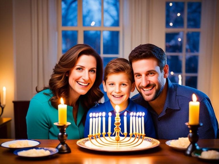 A family gathered around a menorah, lighting the candles for each night of Hanukkah. The glow of the candles illuminates their faces and creates a warm and joyful atmosphere. In the background, there are dreidels and a plate of latkes (potato pancakes) waiting to be enjoyed after the lighting ceremony.