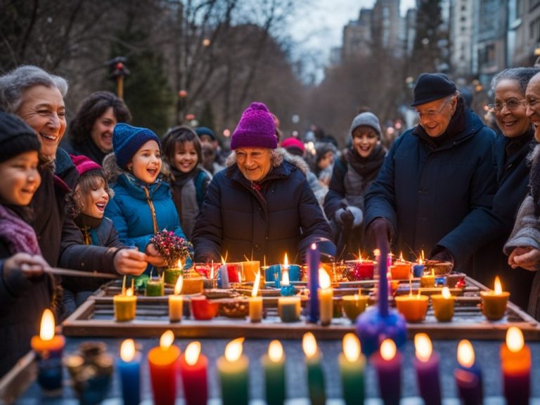 A diverse group of people from around the world lighting menorahs in their homes, on the streets, and in public places. The scene is full of vibrant colors, festive decorations, and traditional foods. Some people are singing religious songs, while others are playing games or exchanging gifts. The image captures the essence of Hanukkah as a joyous and meaningful celebration of light.