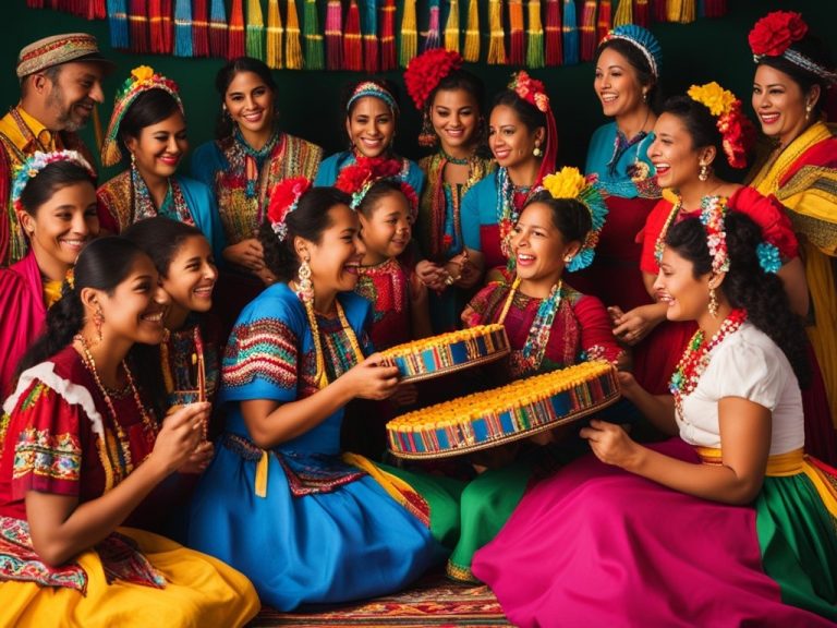 A festive scene filled with bright colors, featuring a group of people in traditional outfits from Colombia and Mexico participating in Hanukkah traditions. Perhaps they are playing music, dancing, or lighting candles. Let the cultural elements shine through in the details, such as decorations, patterns, and foods. Add a sense of joy and community to the image.