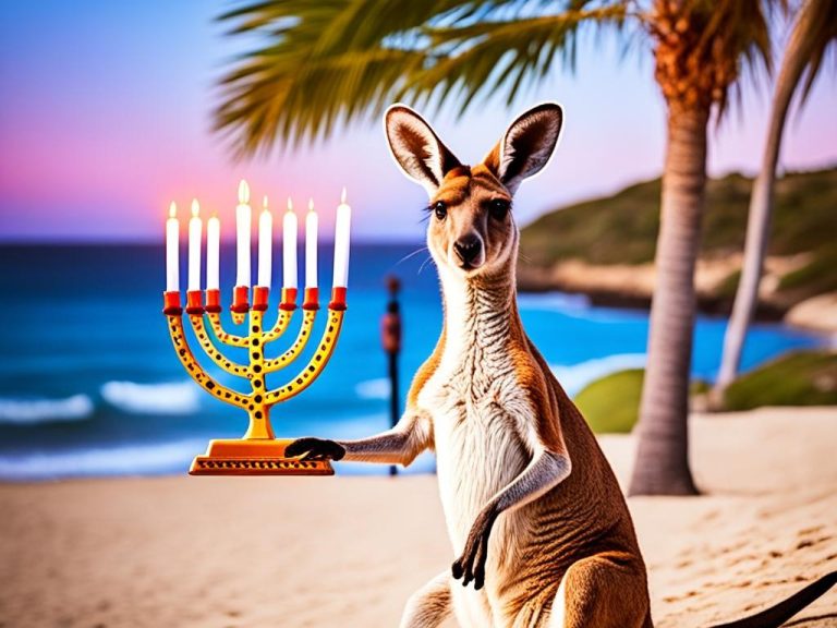 A kangaroo wearing a yarmulke lighting a menorah on the beach at sunset, with palm trees in the background