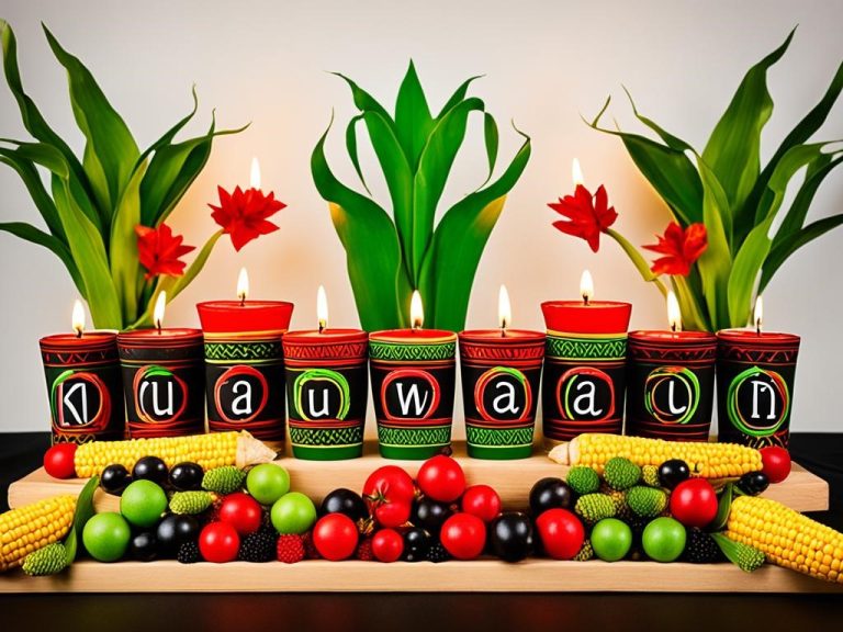 An image featuring vibrant green, red, and black colors with a focus on candles, unity cups, and ears of corn to represent the principles of Kwanzaa. Includes traditional African patterns and motifs in the background to provide cultural context. Uses warm lighting to bring a festive and welcoming atmosphere.