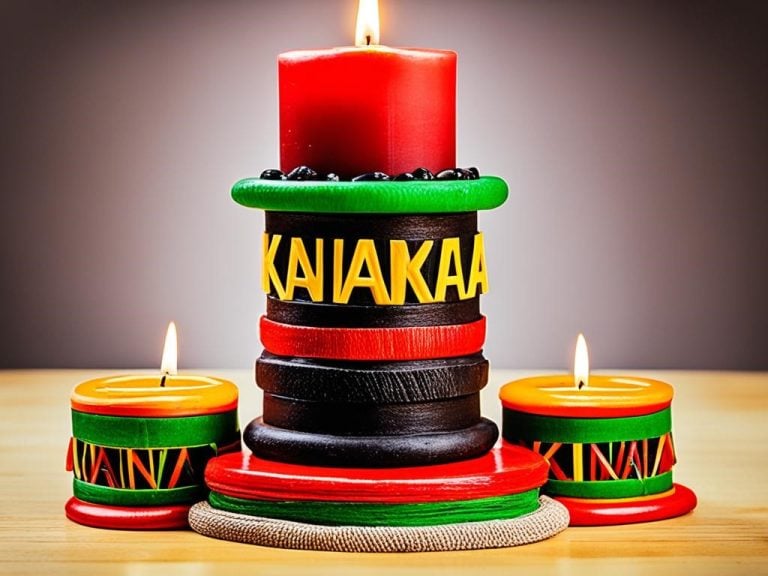 An image of a Kinara at the center of a Kwanzaa celebration, with six red candles and one black candle lit and glowing brightly. The Kinara is adorned with colorful ribbons, representing the seven principles of Kwanzaa - unity, self-determination, collective work and responsibility, cooperative economics, purpose, creativity, and faith. The background is filled with the warm glow of the candles, and festive decorations in the colors of red, green, and black should surround the Kinara. The overall atmosphere is one of celebration and meaning, conveying the importance of this African-American holiday.