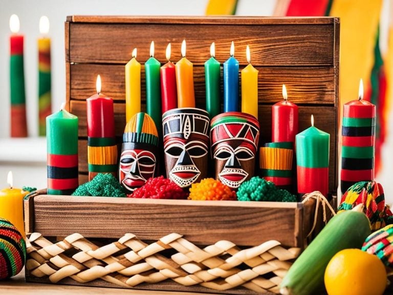 A close-up shot of a wooden crate filled with colorful Kwanzaa decorations, including a woven kinara with seven candles, traditional African masks, corn husk dolls, and strands of red, green, and black beads. In the background, there are stacks of beautifully wrapped gifts and a table set with a colorful kente cloth and bowls of fresh fruit. The overall mood is warm, inviting, and full of joyous anticipation for the upcoming Kwanzaa celebration.