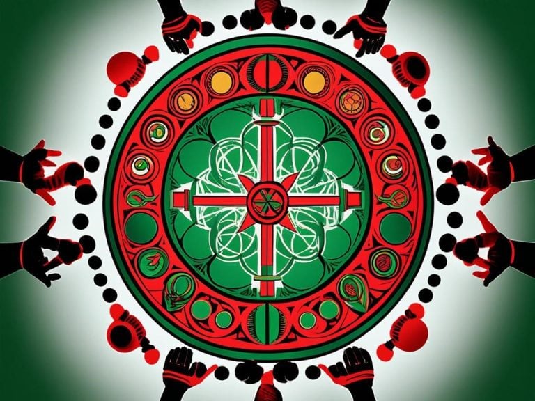 an image representing the Kwanzaa principles of unity, creativity and faith without using any textual elements. Incorporates the colors of red, green, and black to symbolize struggle, hope, and success. Shows the interlocking circles as a representation of the interconnectedness of all things. Uses imagery to symbolize community building and self-determination.