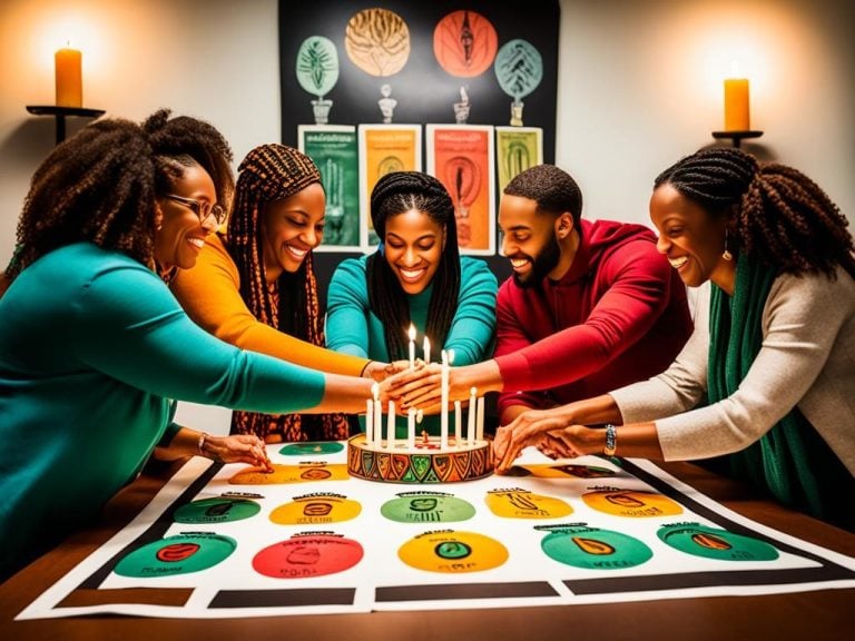 A group of people gathered around a table, holding hands and smiling as they light seven candles in the center. The candles represent the Seven Principles of Kwanzaa, each person taking turns to explain the meaning and history behind each principle. In the background, images of African art and symbols are displayed to celebrate and honor African heritage.