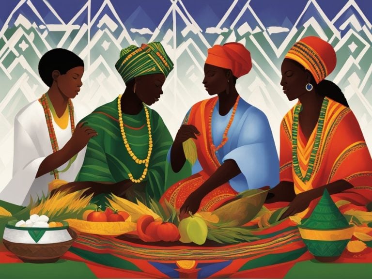 an image that depicts the seven principles of Kwanzaa through vibrant colors and traditional African symbols. Shows the interconnectedness of these principles and how they promote unity and empowerment within the African community. Incorporates elements such as the harvest, family, and community gatherings to showcase the cultural significance of Kwanzaa. Uses bold and dynamic lines to convey strength and resilience.