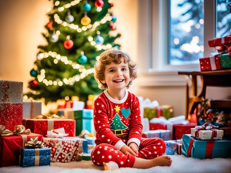 A cozy living room filled with warm lights, a decorated Christmas tree, and wrapped presents nestled underneath it. In the center of the room, a young child wearing pajamas with a wide smile on their face as they sit on the floor, surrounded by toys and games. The child's eyes gaze up at the sparkling tree as snow falls outside the window, creating a magical atmosphere. The room is filled with an air of excitement and joy as family members gather around, sipping hot cocoa and sharing stories.