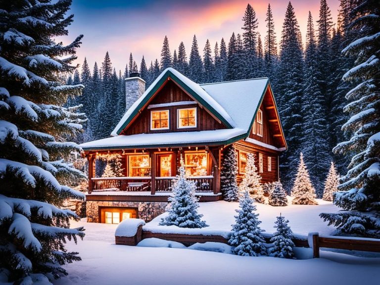 A cozy cabin nestled in a snowy forest, with evergreen trees dusted in white powder and a glowing fire in the window. A family is seen outside, decorating a sparkling Christmas tree with ornaments while wearing warm winter clothes and cheerful expressions. In the distance, a glittering pond invites ice-skating under a starry sky. The magic of Christmas comes alive as snowflakes gently fall, creating a serene winter wonderland that children will never forget.