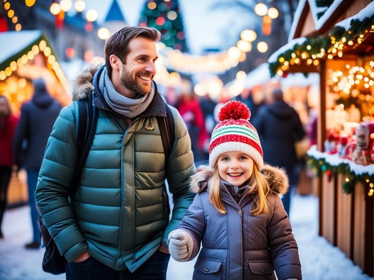 A family strolling through a brightly lit Christmas market, surrounded by vendors selling festive treats and gifts. Children's eyes are wide with wonder as they take in the sights and sounds of the holiday season. Parents are smiling and holding hands, enjoying the special moment with their loved ones. In the background, a giant Christmas tree twinkles with lights and ornaments.