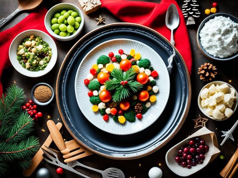 A plate with a modern twist on a classic Christmas dish, featuring unexpected ingredients and vibrant colors. Surrounding the plate are various kitchen utensils and ingredients, hinting at the creativity and experimentation that went into the recipe. In the background, there is a cozy and festive living space with other holiday decorations, adding to the overall atmosphere of celebration.