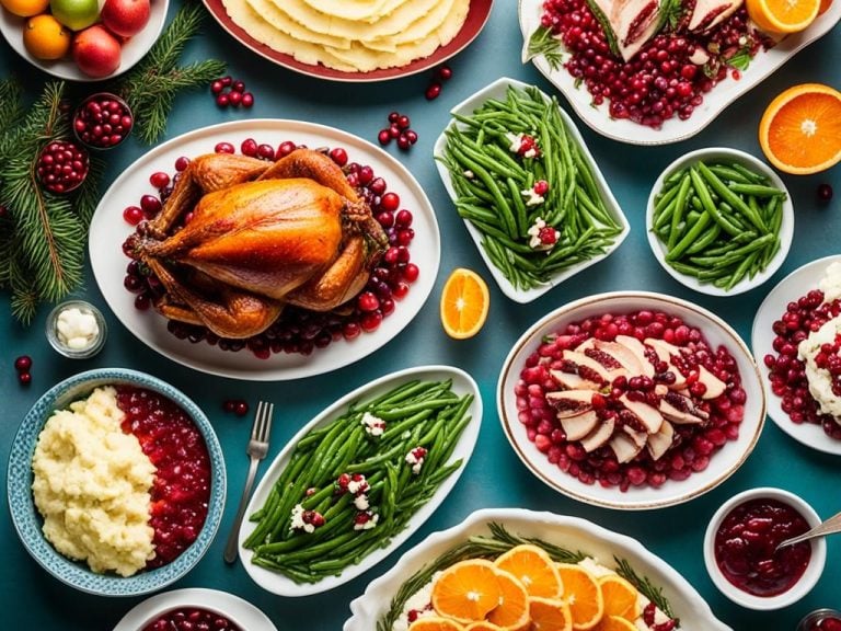 A festive table spread with a mix of traditional Christmas dishes and modern twists. The centerpiece is a golden roasted turkey with cranberry sauce. On either side are bowls of mashed potatoes and green beans with bacon. In the center, there's a colorful fruit salad with pomegranate seeds, oranges, and pineapples. Surrounding the main dishes are small plates of appetizers like deviled eggs, shrimp cocktail, and bruschetta. The table is decorated with red and green accents, candles, and a garland of holly.