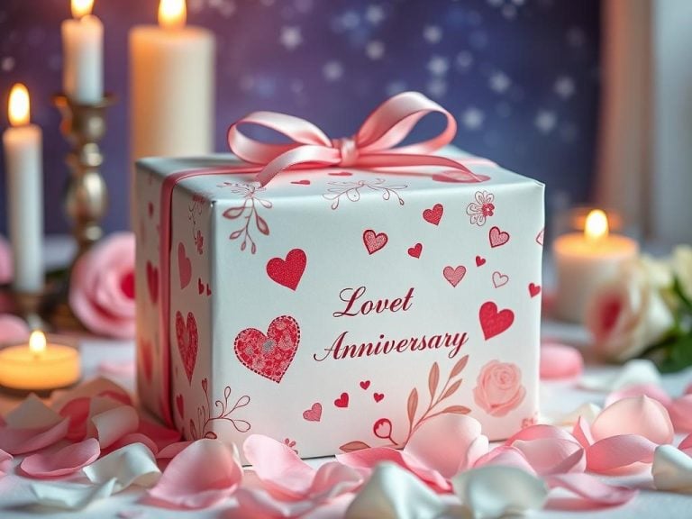 A beautifully wrapped gift box for a first wedding anniversary, featuring delicate paper adorned with romantic motifs, such as intertwined hearts and soft floral designs, surrounded by scattered rose petals. The setting includes a candlelit ambiance with soft lighting.