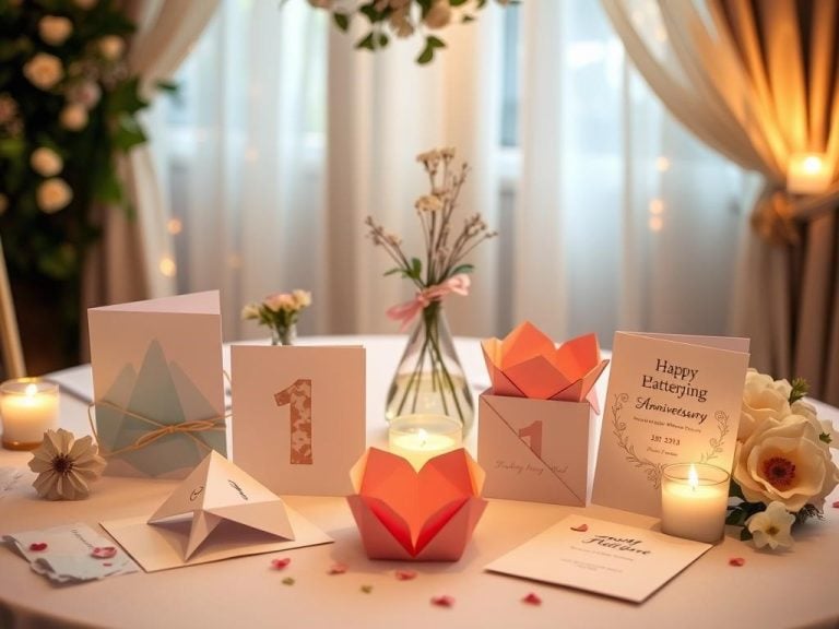 A beautifully arranged table showcasing unique creative paper gifts for a 1st anniversary celebration, featuring intricate origami designs, personalized handmade cards, all surrounded by soft, romantic lighting and delicate floral accents.