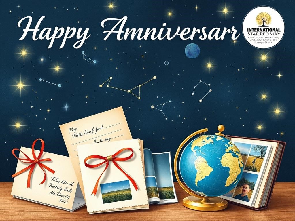 A beautifully illustrated collection of paper items representing memorable experiences for a first wedding anniversary, featuring a starry night sky with constellations, a globe showcasing travel destinations, love letters tied with ribbons, and a scrapbook filled with photographs, all elegantly arranged together. Include a subtle reference to "International Star Registry" with shimmering stars in the background.