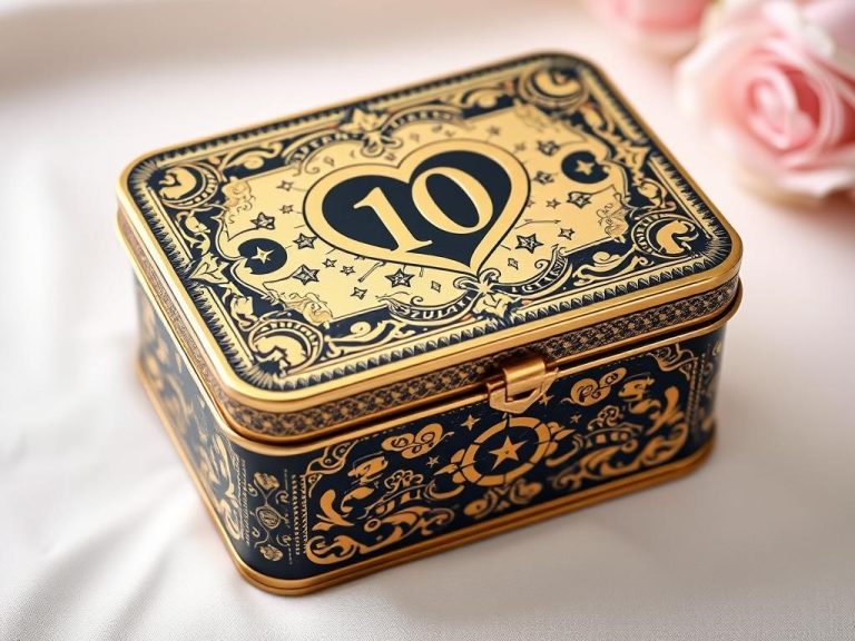 "A beautifully crafted tin box symbolizing the 10th anniversary gift, adorned with intricate patterns and designs that reflect love and durability, featuring elements like intertwined hearts and stars, set against a soft and romantic background."