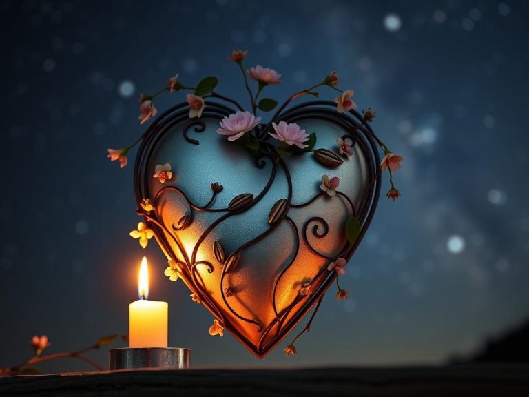 A beautifully crafted tin heart intertwined with delicate vines and flowers, symbolizing durability and growth in relationships, illuminated by soft, warm candlelight. In the background, a starry night sky representing everlasting love and connection.