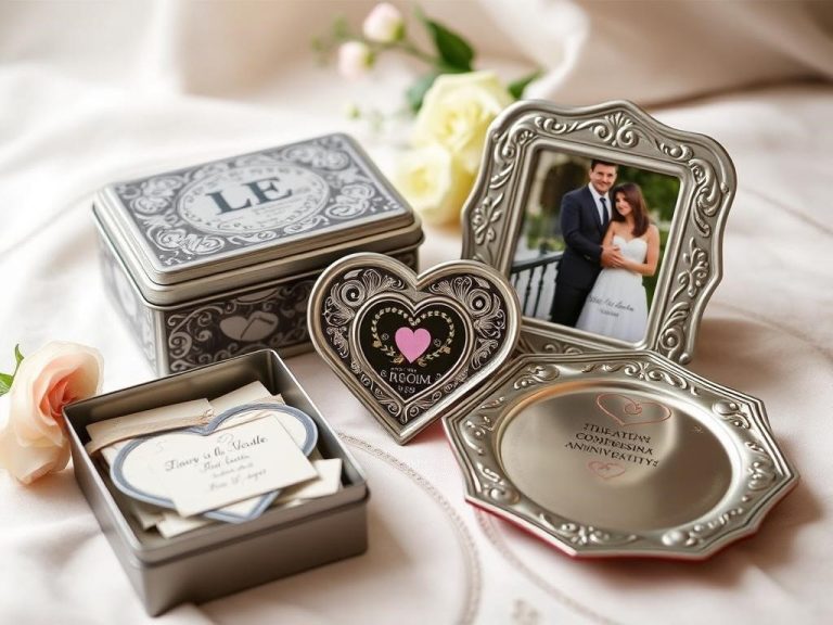 A beautifully arranged display of unique tin gifts for a tenth wedding anniversary, featuring a personalized tin box with intricate designs, a decorative tin heart filled with small love notes, an elegant tin photo frame showcasing a cherished couple's picture, and a custom tin plate engraved with romantic symbols, all set against a soft, romantic background.