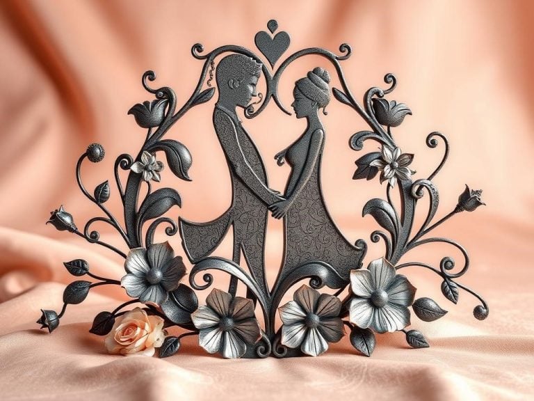 A beautifully crafted steel sculpture symbolizing strength and resilience, intertwined with elegant floral designs, reflecting an 11th wedding anniversary theme. The sculpture features intricate patterns and textures that showcase the durability of steel, placed on a soft, romantic backdrop.