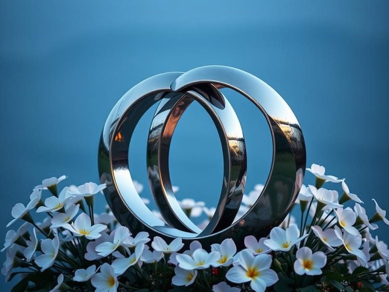 A beautifully crafted steel sculpture symbolizing unity and strength, intertwined rings made of polished steel reflecting light, surrounded by delicate flowers representing resilience, with a subtle backdrop of stars to evoke the sentiment of love.