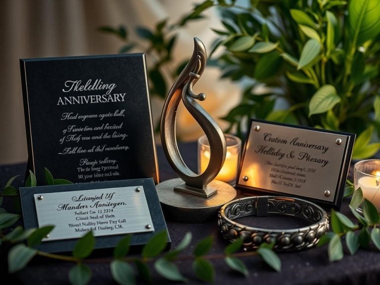 "Elegant personalized steel gifts for an 11th wedding anniversary, featuring custom engraved steel plaques, a unique steel sculpture symbolizing strength and resilience, and a beautifully crafted steel bracelet. surrounded by soft romantic lighting and lush greenery, capturing the essence of love and celebration."