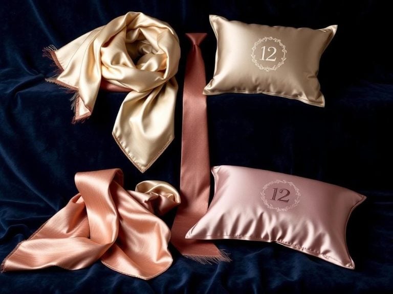 "Luxurious silk gifts for a 12th anniversary, showcasing elegant silk scarves, ties, and pillowcases arranged artfully on a velvet background, soft lighting enhancing the textures and colors.