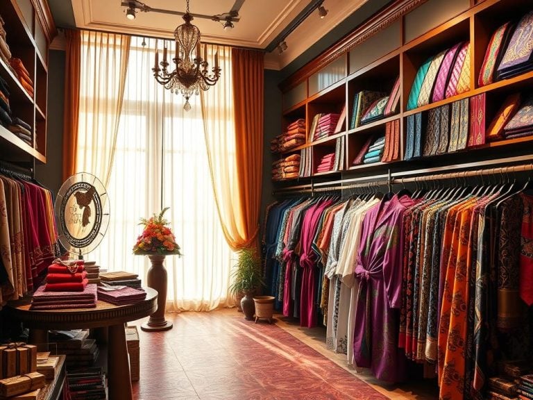 A luxurious silk gift shop interior, elegantly displayed with vibrant silk scarves, ties, and robes, soft golden light filtering through sheer curtains, a cozy atmosphere for wedding anniversary shoppers, intricate patterns and textures of silk fabrics showcased.