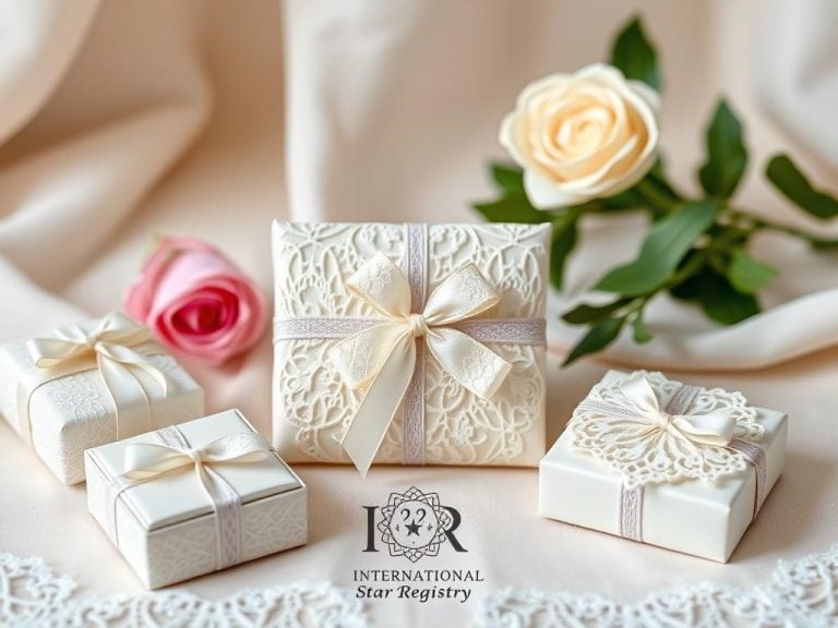 "An elegant display of intricate lace gifts for a 13th wedding anniversary, featuring delicate lace jewelry boxes, beautifully wrapped lace-adorned keepsakes, and a soft, romantic background inspired by the theme of love; highlight the craftsmanship and artistry of each lace piece, incorporating the logo of 'International Star Registry' in a subtle, refined manner."