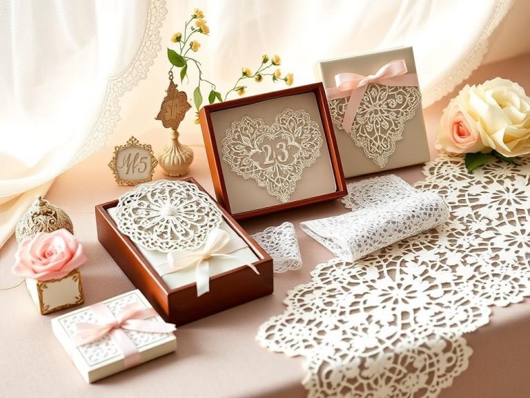 "An elegant display of unique lace gifts for a 13th wedding anniversary, featuring intricately designed lace trinkets, delicate lace handkerchiefs, and luxurious lace table runners, set against a soft romantic backdrop, with hints of floral accents.